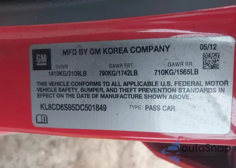 2013 Chevrolet Spark 1Lt Auto from USA, damaged, VIN KL8CD6S95DC501849